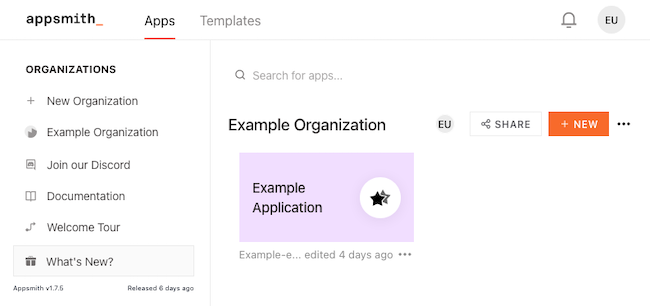 Example application on the Appsmith dashboard Example application on the Appsmith dashboard