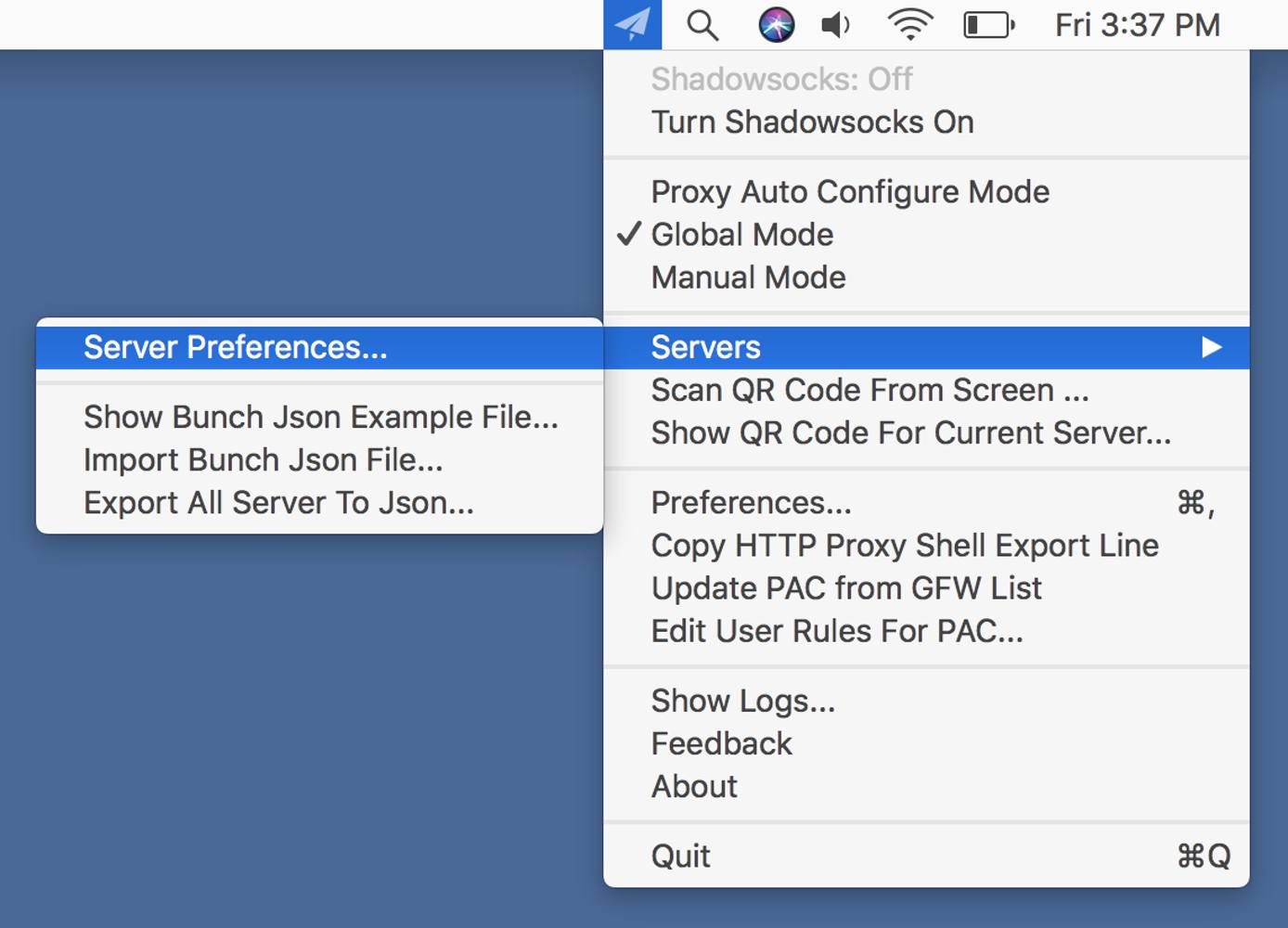 macOS Shadowsocks menu bar - Server Preferences menu item macOS Shadowsocks menu bar - Server Preferences menu item