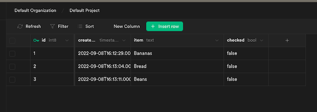 The Supabase table editor listing rows of data The Supabase table editor listing rows of data
