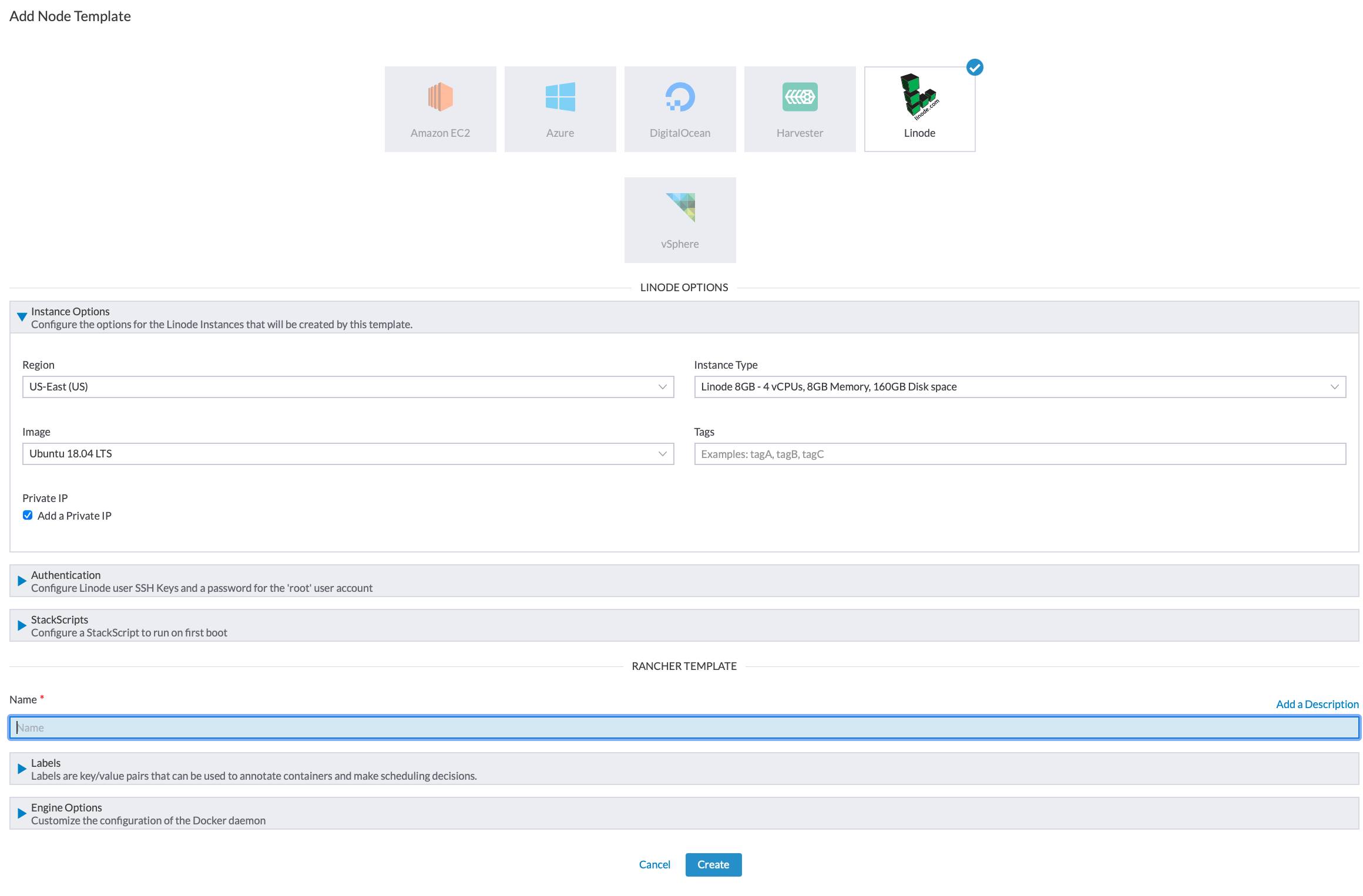 The Linode options in the Add Node Template form Rancher Add Node Template form - Linode options