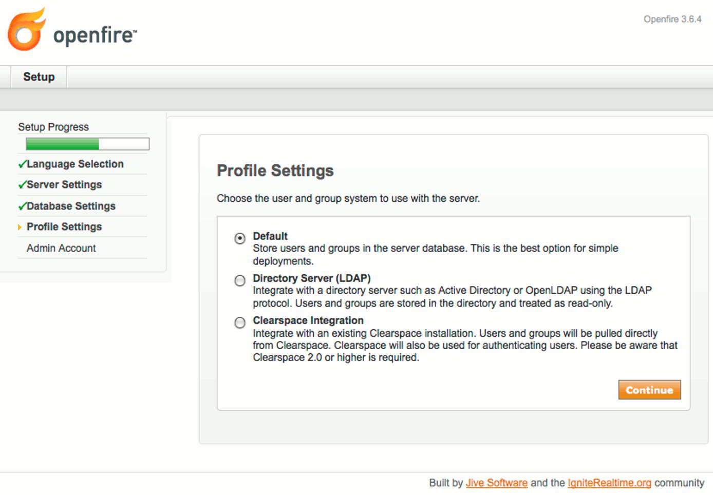 Profile storage selection in Openfire setup on CentOS 5. Profile storage selection in Openfire setup on CentOS 5.