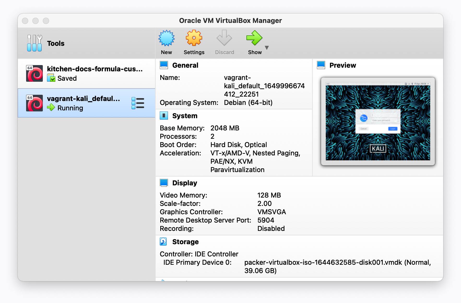 Kali Linux VM listed in VirtualBox Manager Kali Linux VM listed in VirtualBox Manager