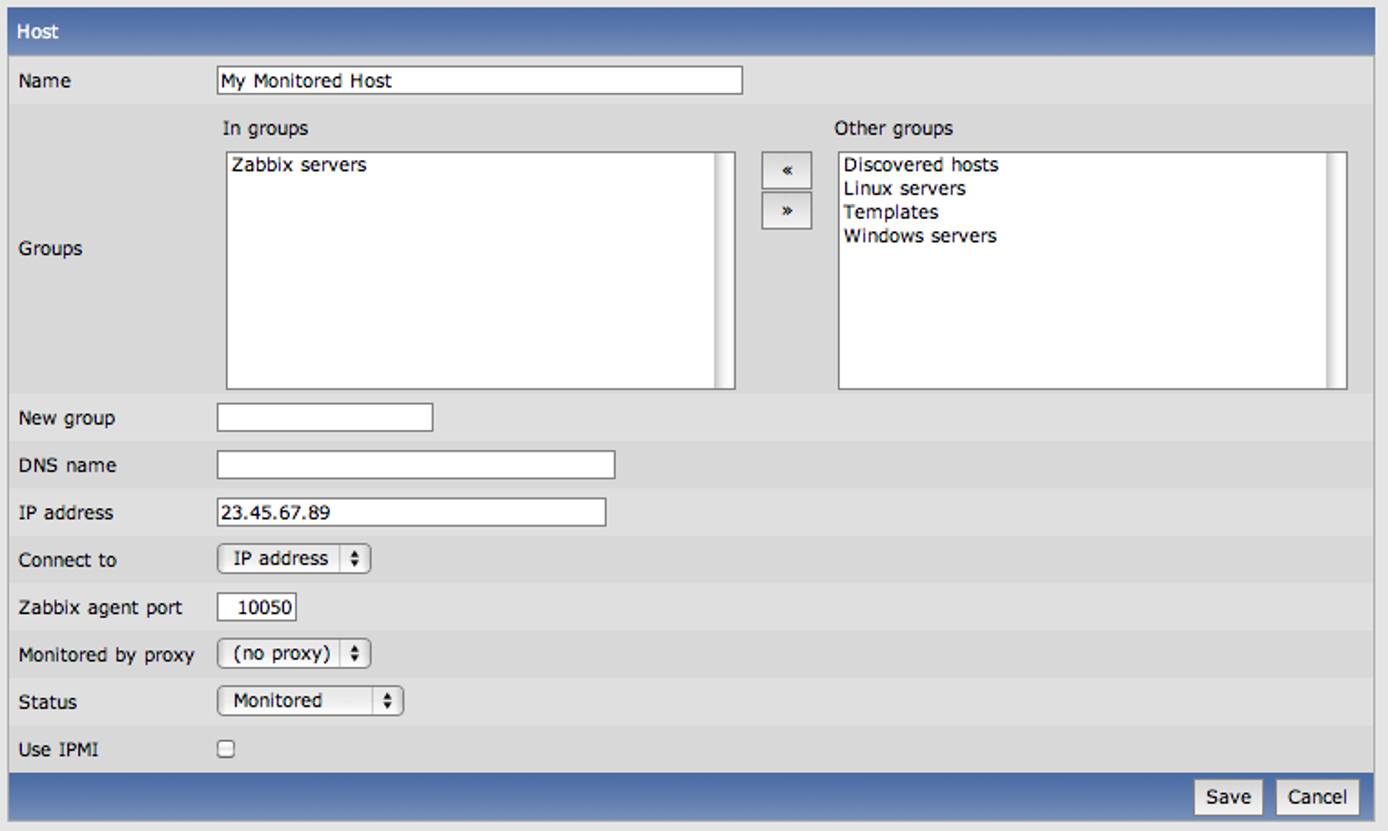 Zabbix add host screen. Zabbix add host screen.