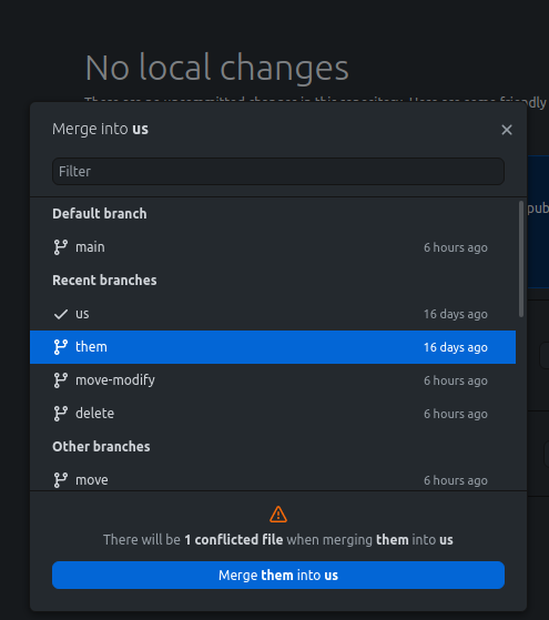 A GitHub Desktop dialog window displaying the number of merge conflicts. A GitHub Desktop dialog window displaying the number of merge conflicts.