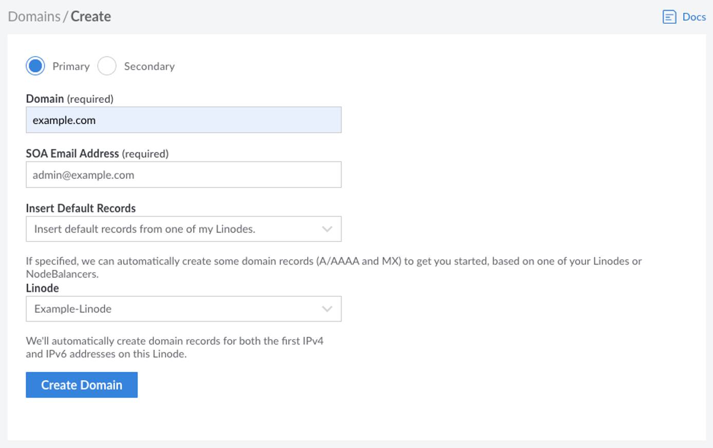 Screenshot of the domain creation page in Cloud Manager Screenshot of the domain creation page in Cloud Manager