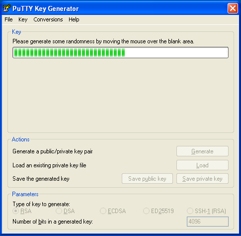 Move the mouse until the key generating is complete. Move the mouse until the key generating is complete.