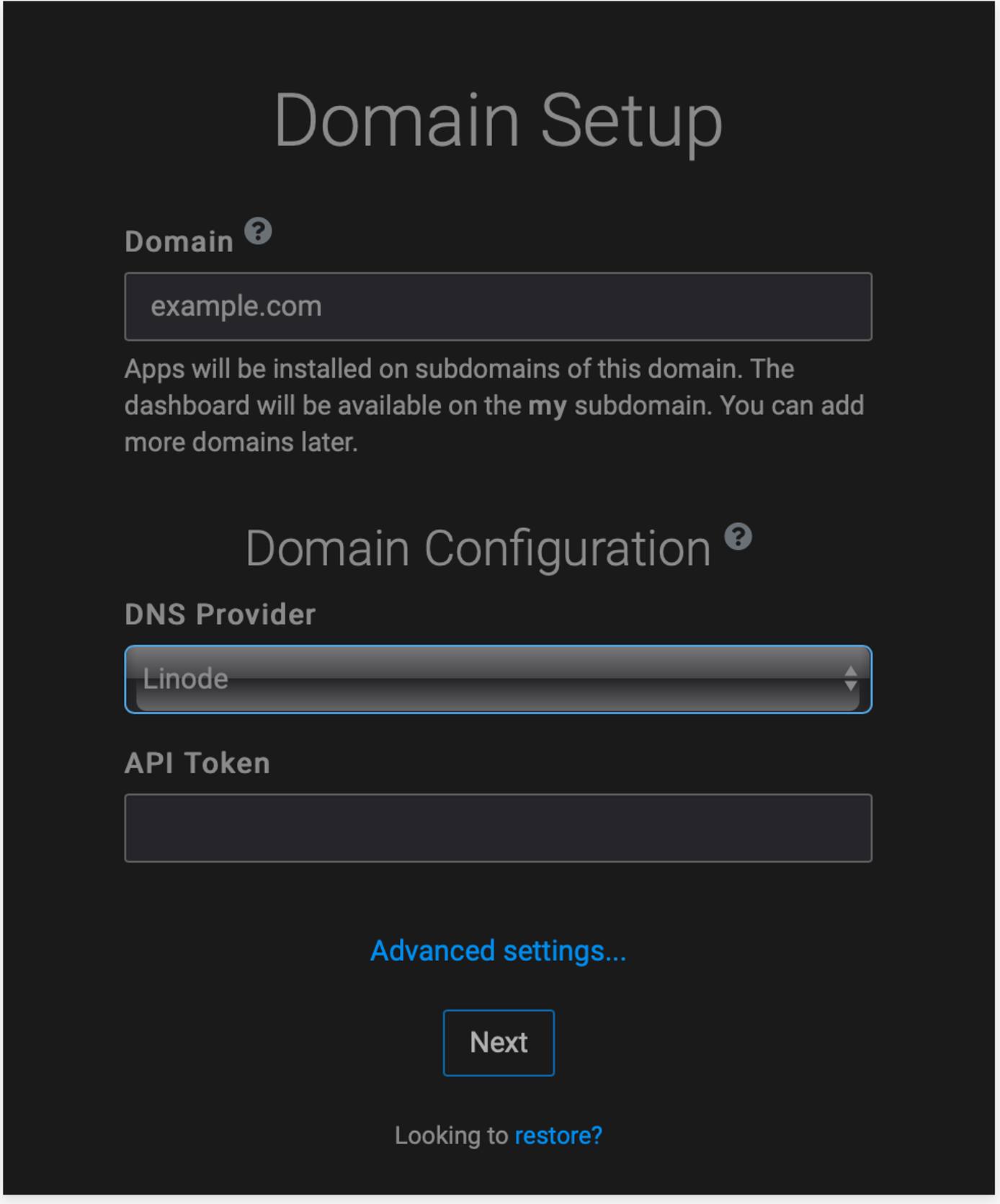 Cloudron Domain Setup Cloudron Domain Setup Screen